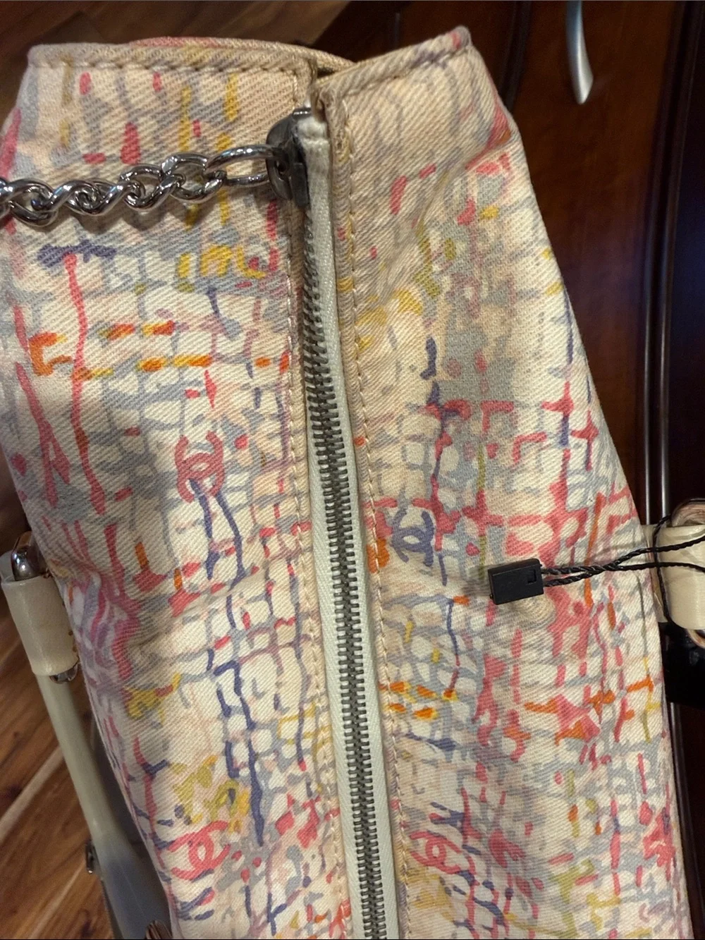 CHANEL Multicolor Printed Canvas Tote with Cream Leather Trim and Strap